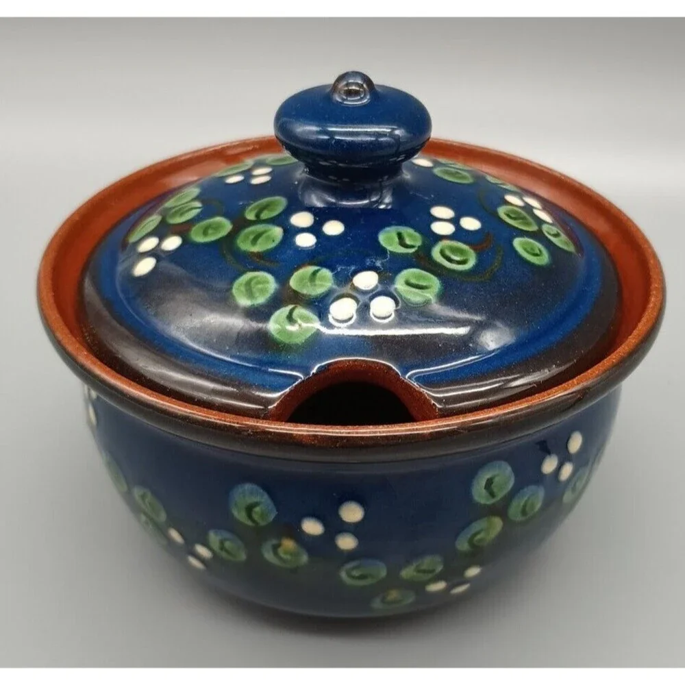 redware folk art pottery Sugar Bowl Jam Jar Hand Painted Blue Green White